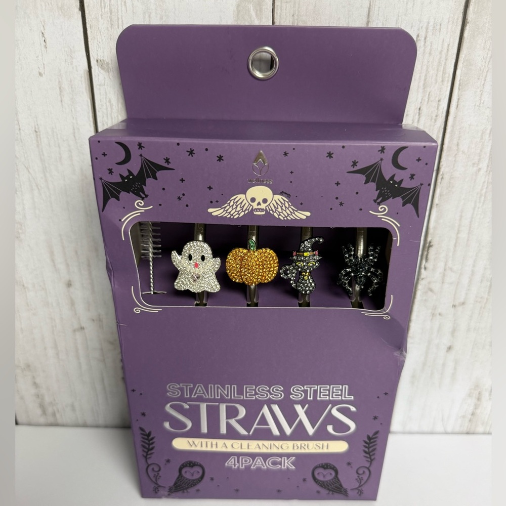 Halloween Reusable Bejeweled Straws 4 Pack with Cleaning Brush NWT - Picture 2 of 5